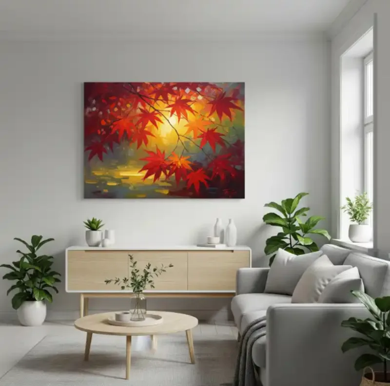 Tranh mùa thu dễ kết hợp với nội thất hiện đại, cổ điển hoặc tối giản nhờ màu sắc ấm và bố cục hài hòa