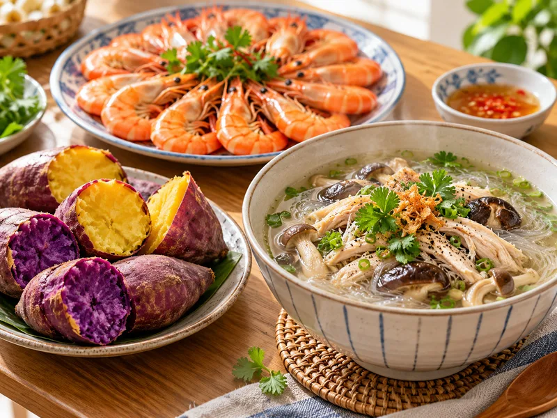 Khoai lang, tôm hấp và miến gà nấm tạo thực đơn ngày thứ sáu.
