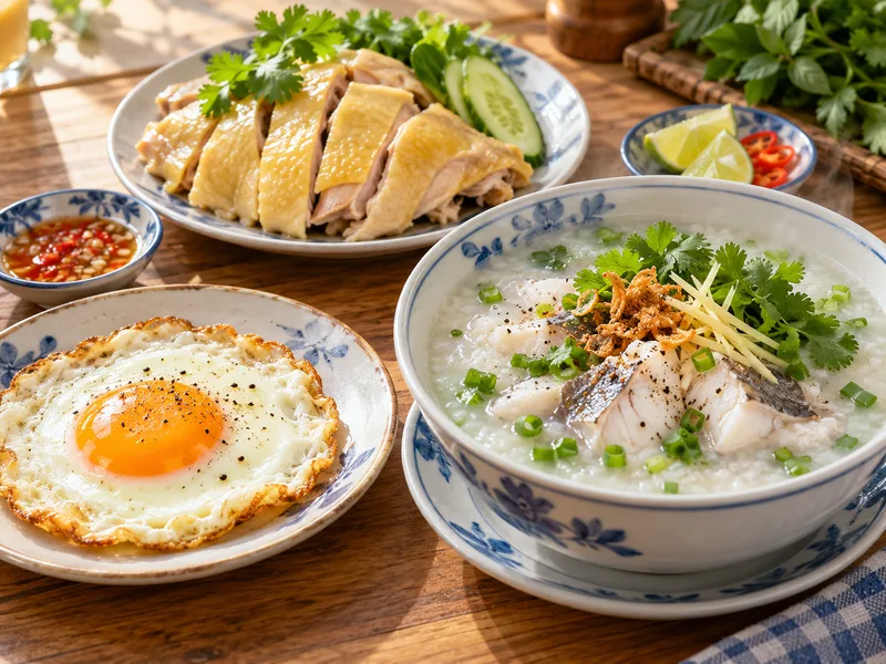 Trứng ốp la, gà hấp và cháo cá giúp bữa ăn Chủ nhật đa dạng.