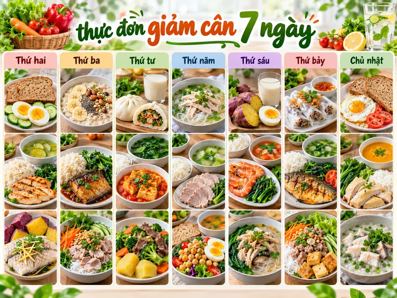 Thực đơn giảm cân 7 ngày cân đối tinh bột, chất đạm và rau xanh.